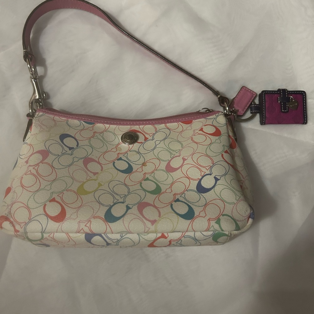 Coach Multicolor Signature Shoulder Bag with Pink Trim